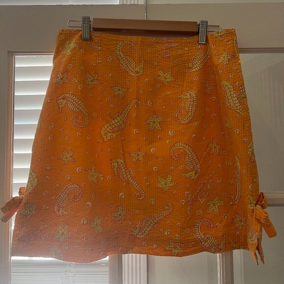 Lily Pulitzer Orange Yellow Seahorse Design Lined Cotton 18" Skirt Sz 12 - Picture 3 of 8